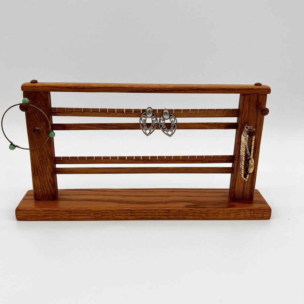 Handmade Jewelry Display Stand Vintage Solid Oak Wood T-Bar Brown Countertop
